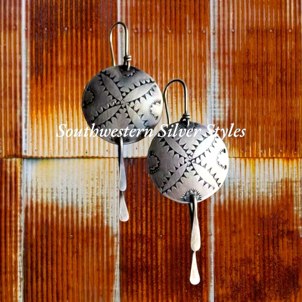 NEW Burnished Silver Hand Stamped Etched Concho Flower Shield Earrings